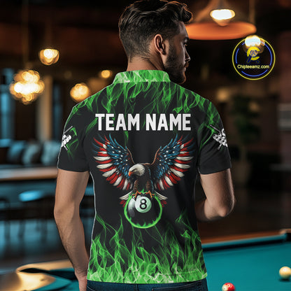 Green Flaming American Flag Eagle 8 Ball Billiard Shirt For Men Custom Patriotic Pool Team Jersey TDM5589