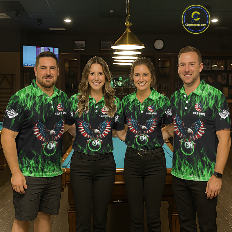Green Flaming American Flag Eagle 8 Ball Billiard Shirt For Women Custom Patriotic Pool Team Jersey TDM5589