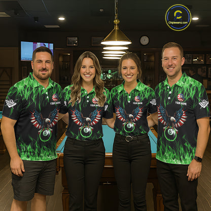 Green Flaming American Flag Eagle 8 Ball Billiard Shirt For Women Custom Patriotic Pool Team Jersey TDM5589