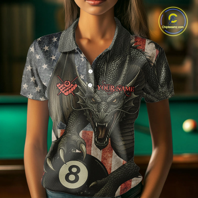 Personalized Vintage American Flag Dragon Billiard Shirt For Women, 8 Ball Pool Billiard Team Jerseys TDM5592
