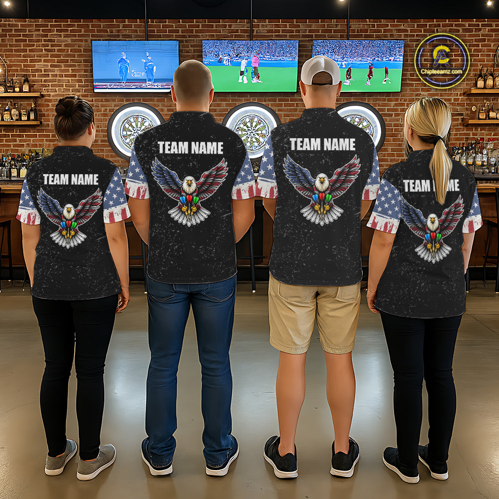 Personalized Grunge US Flag Eagle Darts Shirt For Women, Patriotic Darts Team Jersey Polo & 1/4 Zip TDM5831