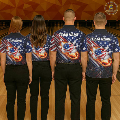 American Flag Fire Patriotic Bowling Shirt For Women Custom Bowling Team Jersey Polo & 1/4 Zip TDM6204