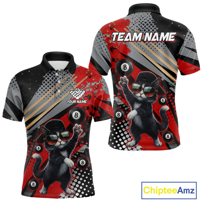 Custom Red Funny Cat Billiard Shirt For Men, Personalized 8 Ball Pool Team Jersey Polo & 1/4 Zip TDM6441