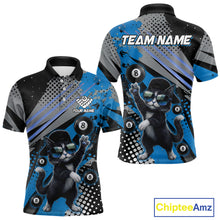 Load image into Gallery viewer, Custom Blue Funny Cat Billiard Shirt For Men, Personalized 8 Ball Pool Team Jersey Polo &amp; 1/4 Zip TDM6442