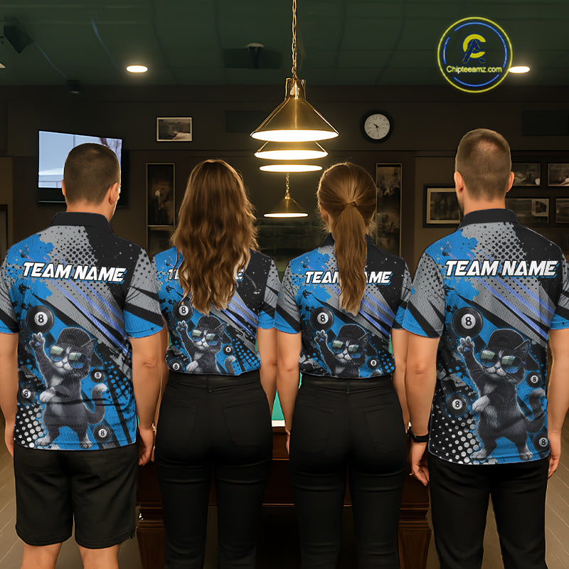 Custom Blue Funny Cat Billiard Shirt For Men, Personalized 8 Ball Pool Team Jersey Polo & 1/4 Zip TDM6442