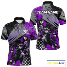 Load image into Gallery viewer, Custom Purple Funny Cat Billiard Shirt For Men, Personalized 8 Ball Pool Team Jersey Polo &amp; 1/4 Zip TDM6443