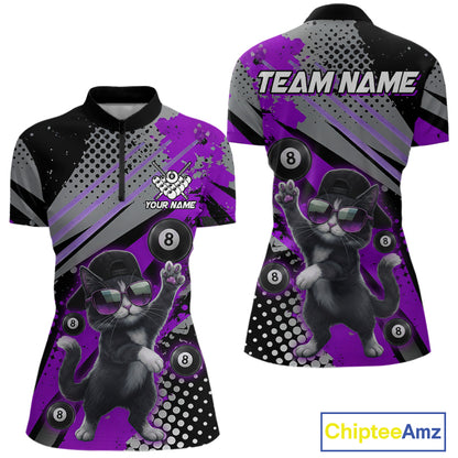 Custom Purple Funny Cat Billiard Shirt For Women, Personalized 8 Ball Pool Team Jersey Polo & 1/4 Zip TDM6443