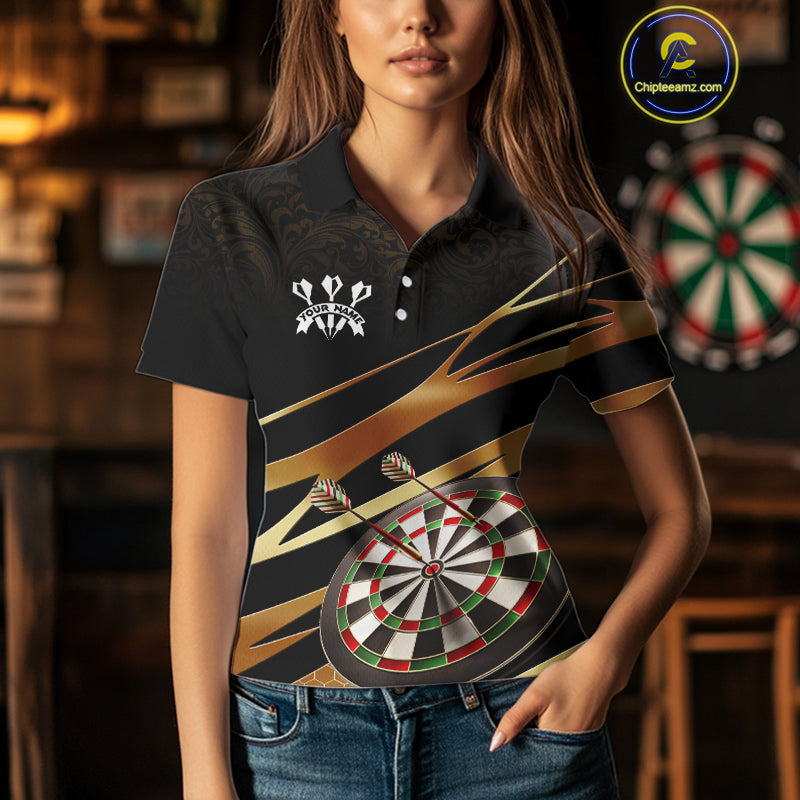 Black And Gold Dart Shirts For Women Custom 3D Dartboard Jersey, Darts Team Polo & Quarter Zip TDM4094