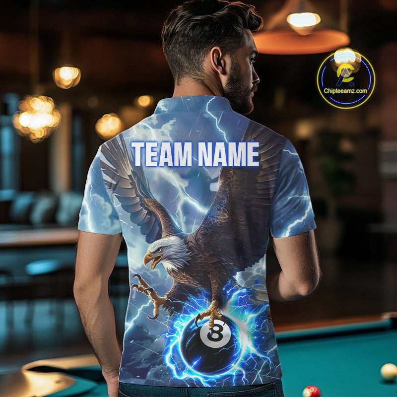 Back view of man wearing a blue thunder eagle pool team shirt in a billiards hall.