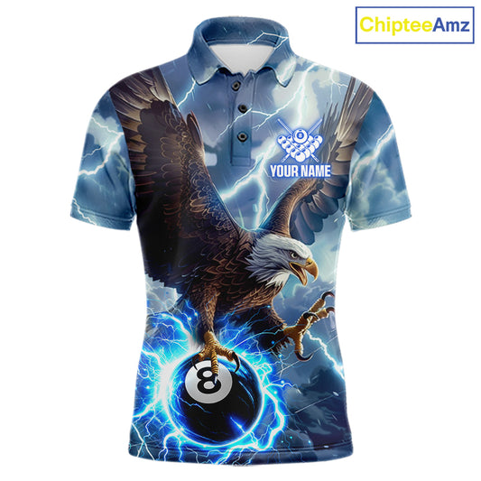 Men’s blue thunder eagle billiard polo shirt with lightning graphics for pool league players.