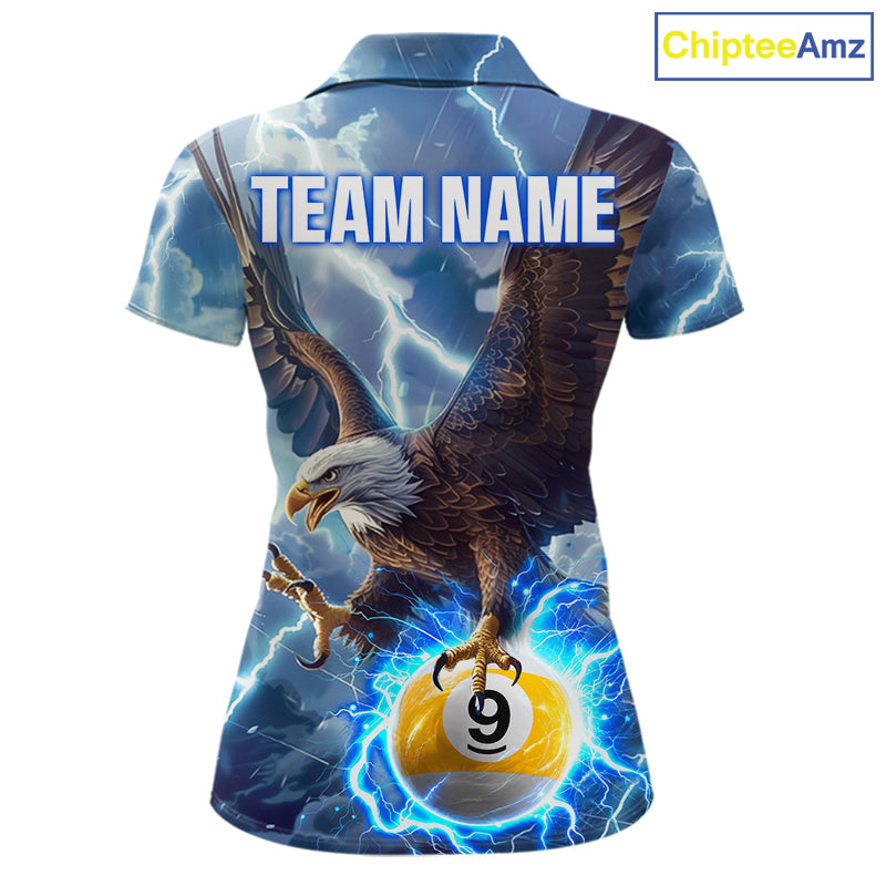 Custom blue lightning eagle pool jersey for women with patriotic billiard artwork.