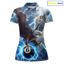Load image into Gallery viewer, Custom blue lightning eagle pool jersey for women with patriotic billiard artwork.