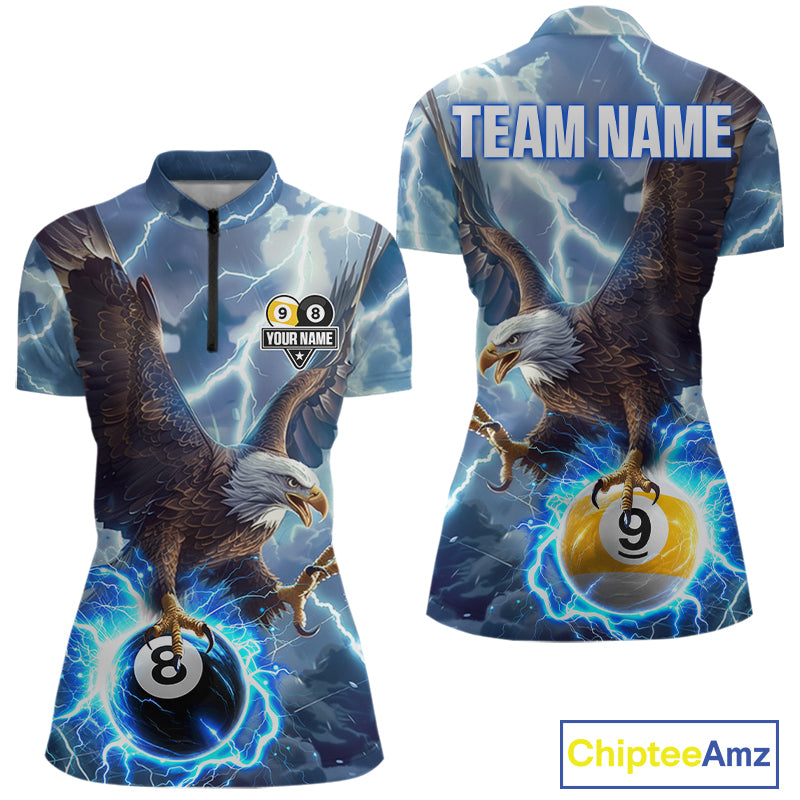 Women’s blue lightning eagle billiard quarter zip shirt designed for tournaments and team play.