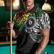 Load image into Gallery viewer, Man wearing a tribal 8 ball billiard jersey beside a pool table front view.