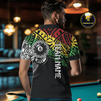 Back view of man wearing a tribal pool team shirt in a billiards hall.