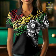 Load image into Gallery viewer, Woman wearing a tribal 8 ball billiard jersey beside a pool table front view.