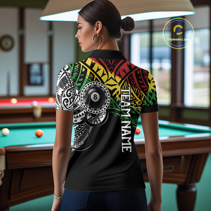 Back view of woman wearing a tribal pool team shirt in a billiards hall.