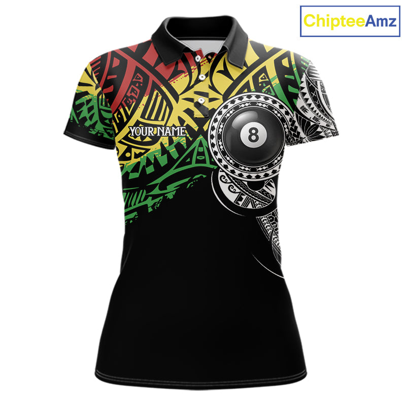 Women’s tribal 8 ball billiard polo shirt with personalized team details for pool league play.