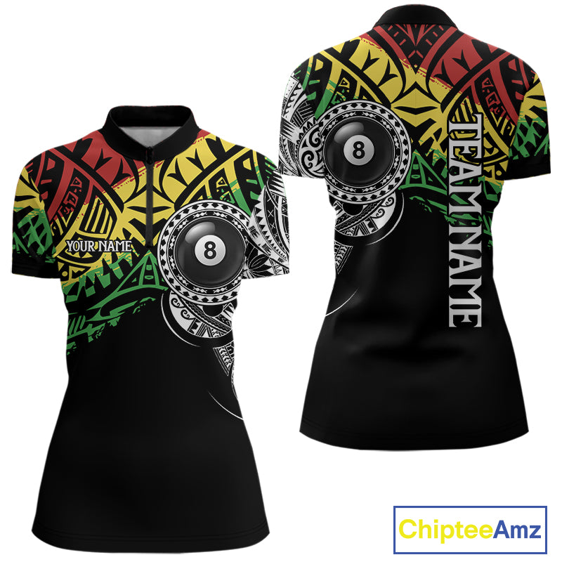 Women’s tribal 8 ball billiard quarter zip shirt designed for tournaments and team matches.
