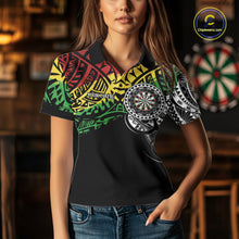 Load image into Gallery viewer, Woman wearing a tribal pattern darts jersey during league play in a darts bar front view.