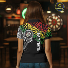 Load image into Gallery viewer, Back view of woman wearing a personalized tribal darts team shirt with custom graphics.
