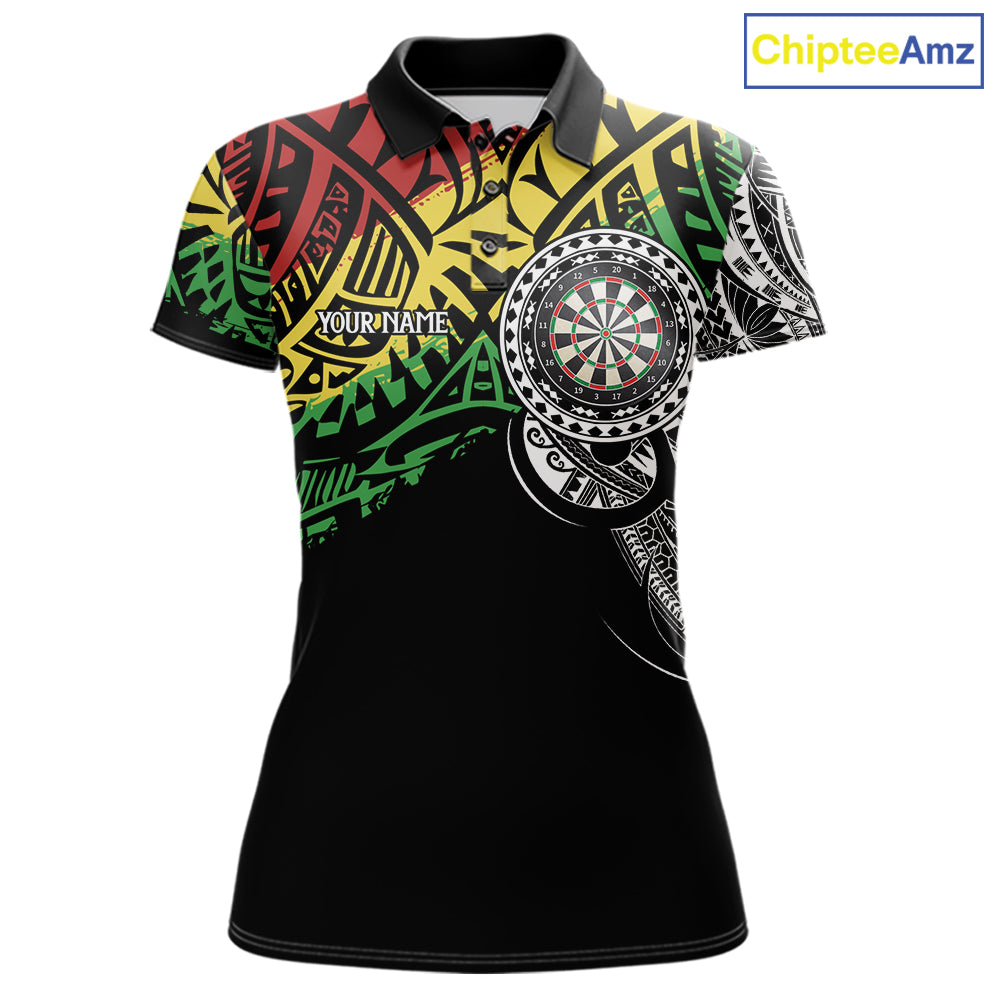 Women’s tribal pattern darts polo shirt with personalized team details for league and tournament play.