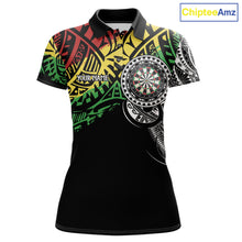 Load image into Gallery viewer, Women’s tribal pattern darts polo shirt with personalized team details for league and tournament play.