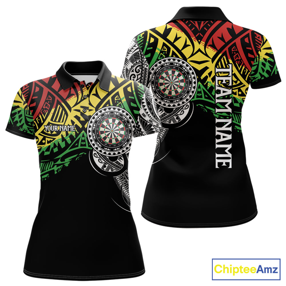 Custom tribal darts polo jersey for women with bold graphics and personalized player name style.