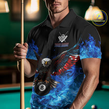 Load image into Gallery viewer, Man wearing a blue flame smoke eagle skull billiard jersey beside a pool table front view.