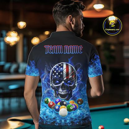 Back view of man wearing a blue flame smoke pool team shirt in a billiards hall.