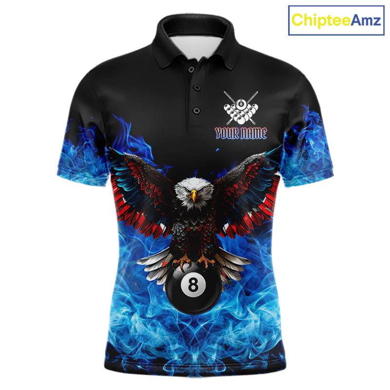 Custom blue flame smoke pool jersey for men with eagle skull artwork and league style.