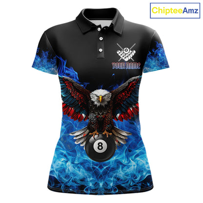 Custom blue flame smoke pool jersey for women with eagle skull artwork and league style.