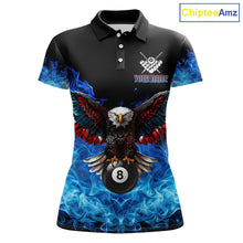 Load image into Gallery viewer, Custom blue flame smoke pool jersey for women with eagle skull artwork and league style.