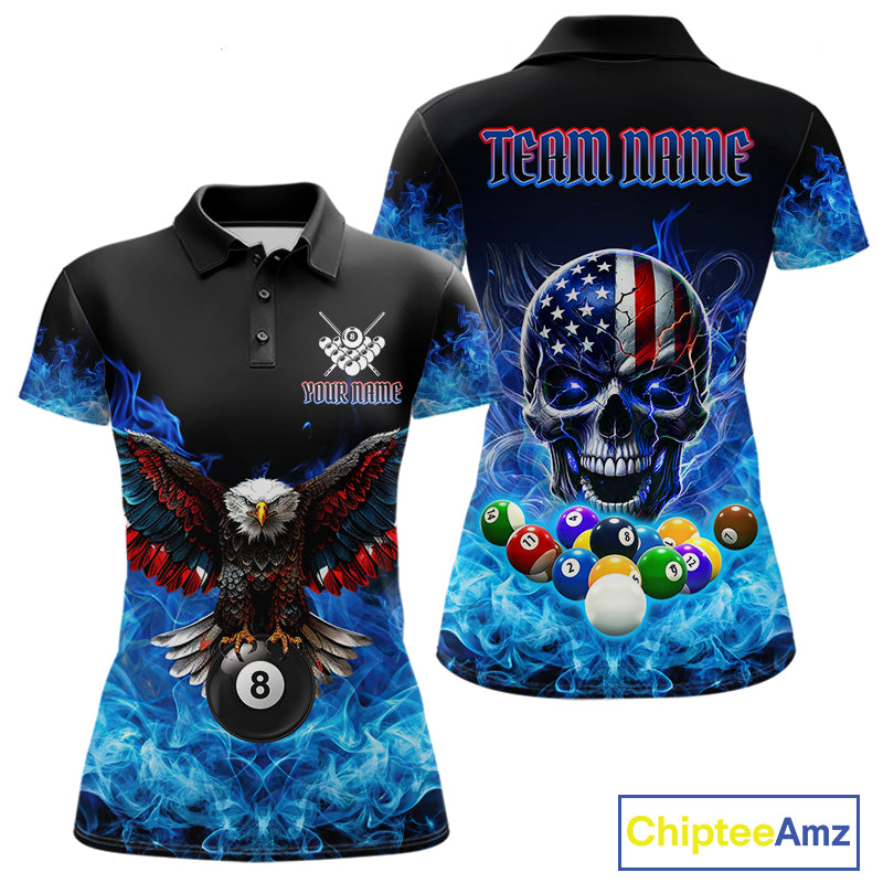Women’s blue flame smoke eagle skull billiard polo shirt with bold American flag graphics.