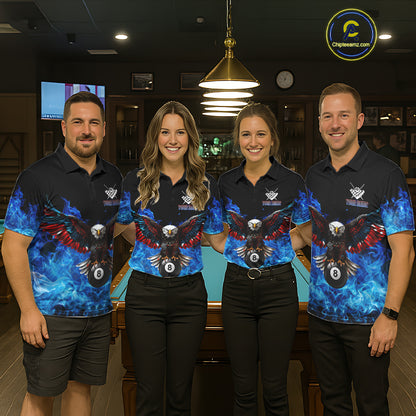 Pool team wearing matching blue flame smoke billiard jerseys during league play front view.