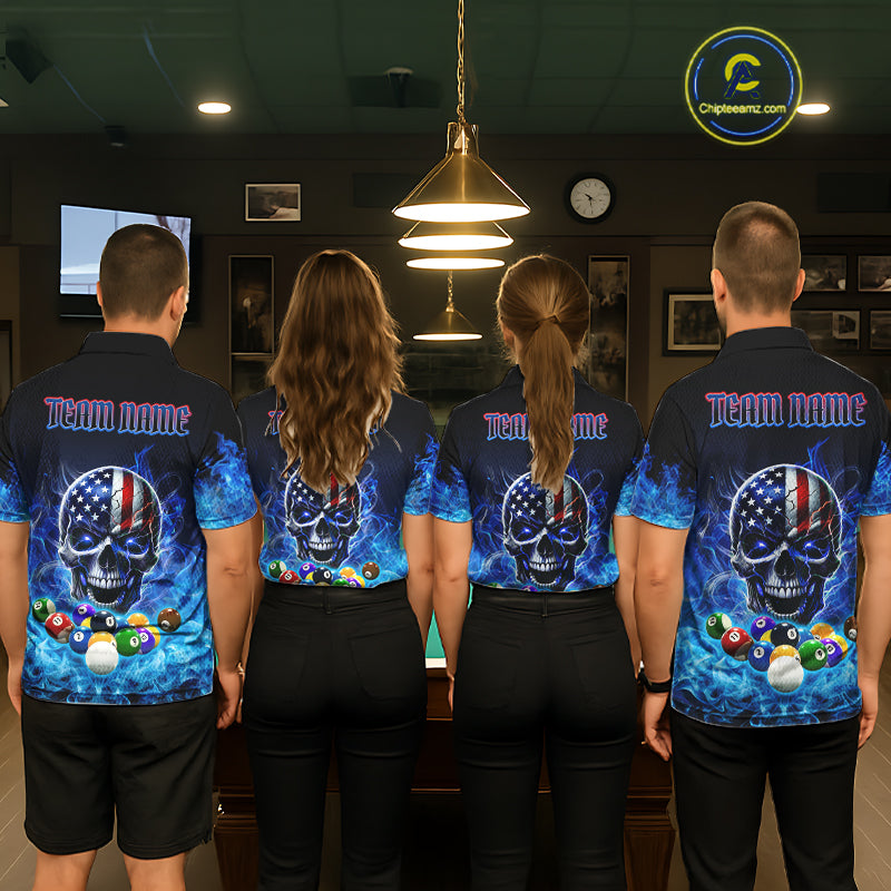 Back view of pool players wearing custom blue flame billiard shirts in a game room.