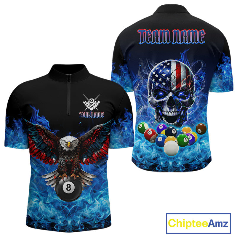 Men’s blue flame smoke eagle skull billiard quarter zip shirt for pool tournament players.