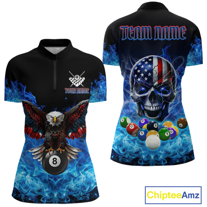 Women’s blue flame smoke eagle skull billiard quarter zip shirt for pool tournament players.