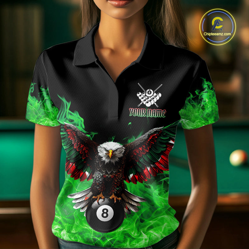 Woman wearing a green flame eagle skull billiard jersey beside a pool table front view.
