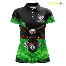 Load image into Gallery viewer, Custom green flame eagle skull billiard jersey for women designed for league and tournament play.