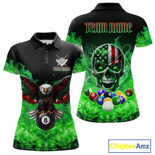 Load image into Gallery viewer, Women’s green flame eagle skull billiard polo shirt with patriotic pool team graphics.