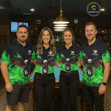 Load image into Gallery viewer, Pool team wearing matching green flame eagle skull billiard jerseys during tournament play front view.
