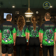 Load image into Gallery viewer, Back view of pool players wearing custom green flame billiard shirts in a game room.