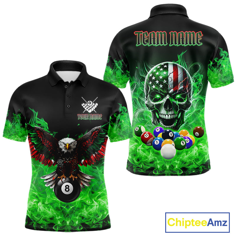 Men’s green flame eagle skull billiard polo shirt with patriotic pool team graphics.