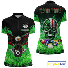 Load image into Gallery viewer, Women’s green flame eagle skull quarter zip billiard shirt with American flag artwork.