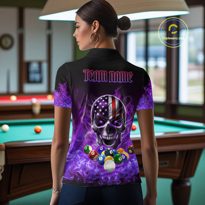 Back view of woman wearing a purple flame eagle skull pool team shirt in a billiards hall.