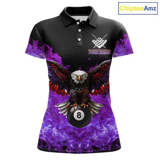 Custom purple flame eagle skull pool jersey for women with bold billiard team graphics.