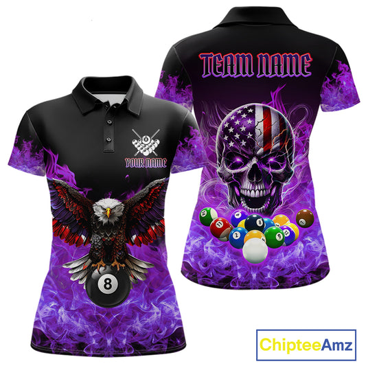 Women’s purple flame eagle skull billiard polo shirt with American flag artwork for pool league players.