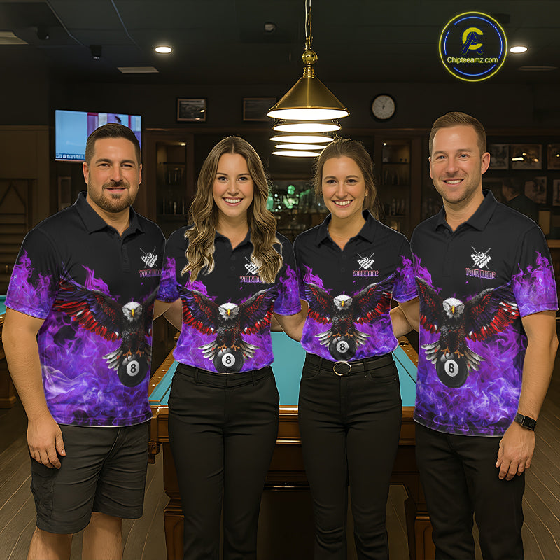 Pool team wearing matching purple flame eagle skull billiard jerseys during league play front view.