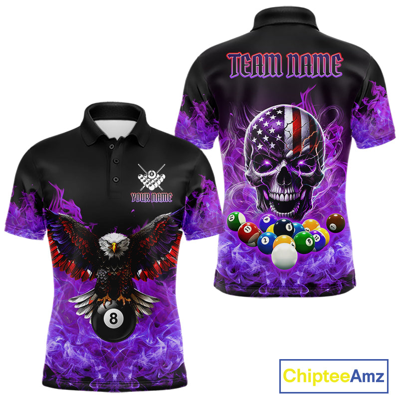 Men’s purple flame eagle skull billiard polo shirt with American flag artwork for pool league players.